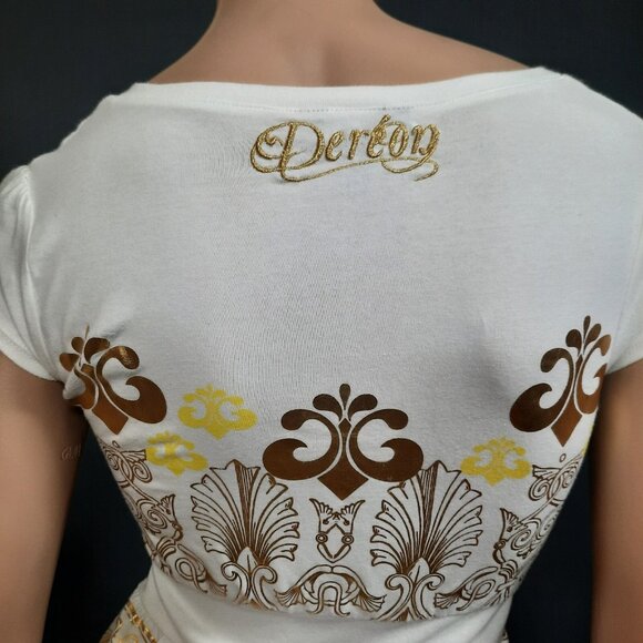 Y2K Dereon Beyonce Babydoll T shirt Top Size S V Neck Off White Fleur de Lis - Picture 6 of 7